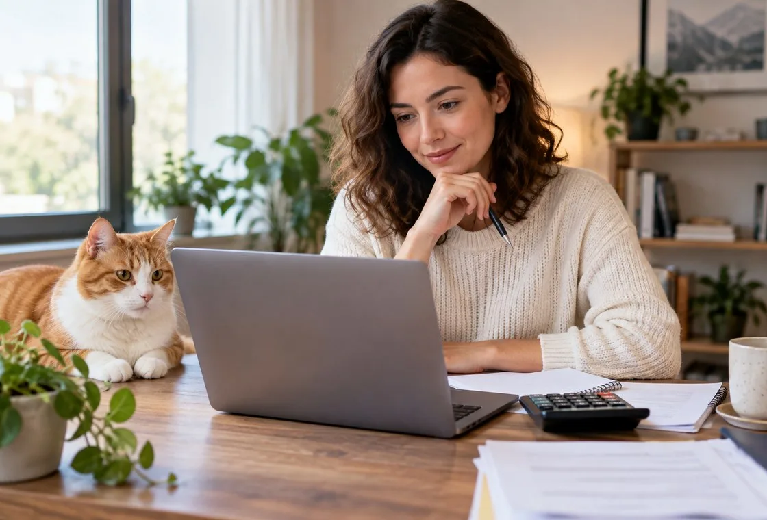 Woman working at laptop with orange-and-white cat beside her