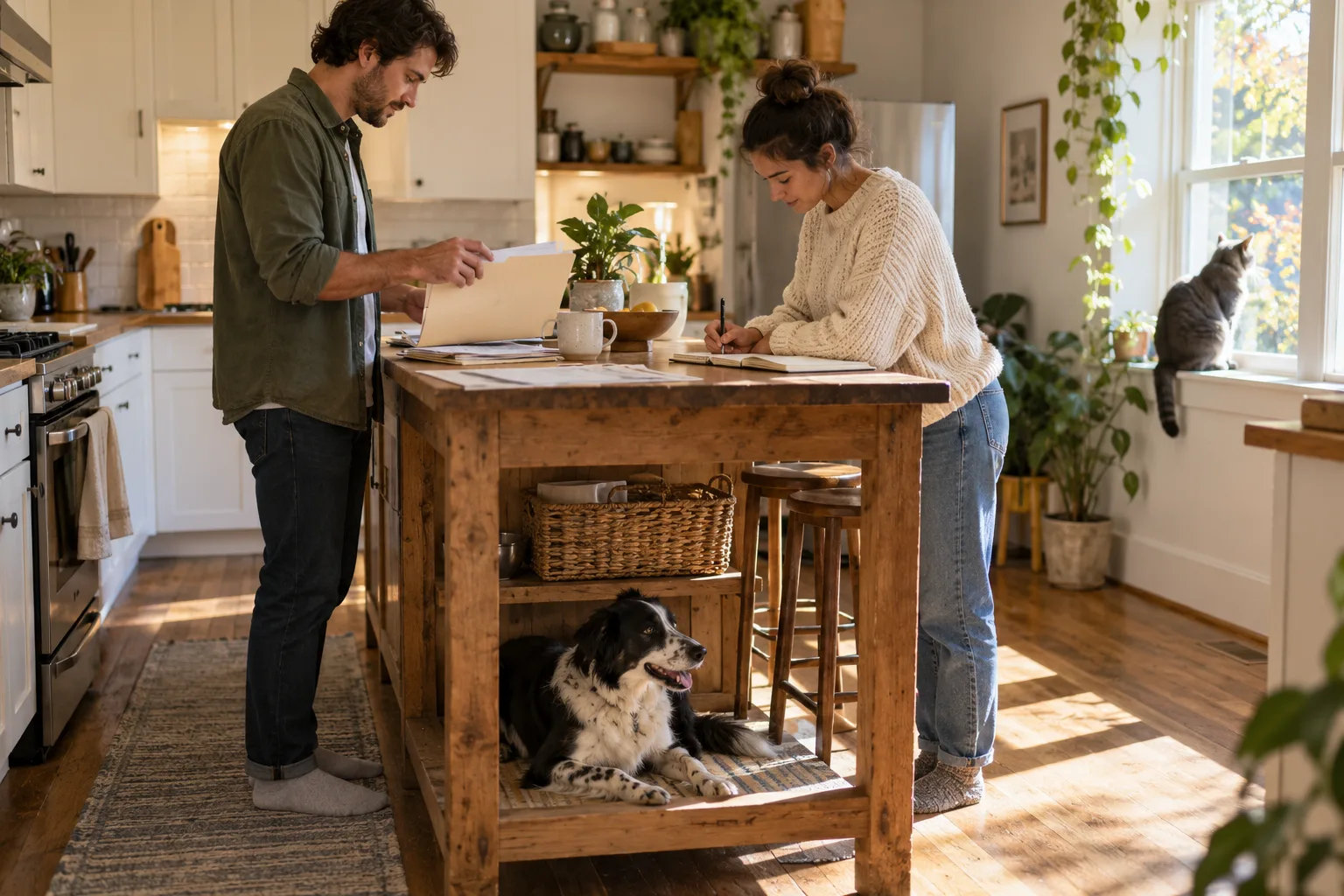 Two adults reviewing paperwork at a kitchen island, with a dog underneath and a cat at the window